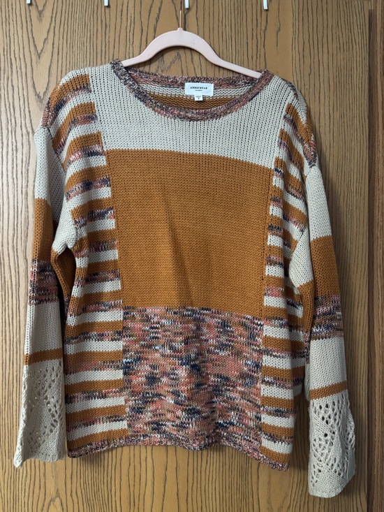 Anniewear Sweaters - Annie Mixed-Knit Colorblock Crewneck Sweater - Mustard & Cream